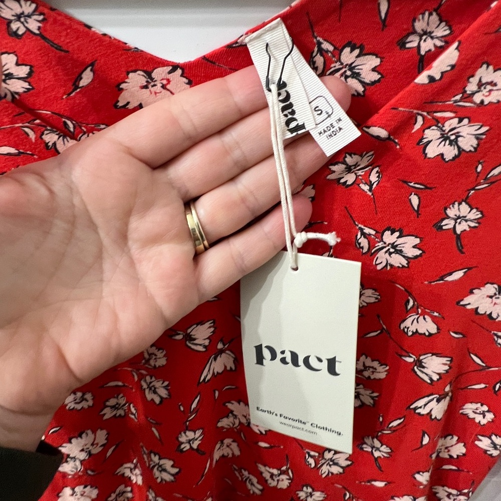 PACT organic cotton Red Floral 3/4 sleeve side pocket midi dress Size S - Picture 3 of 5